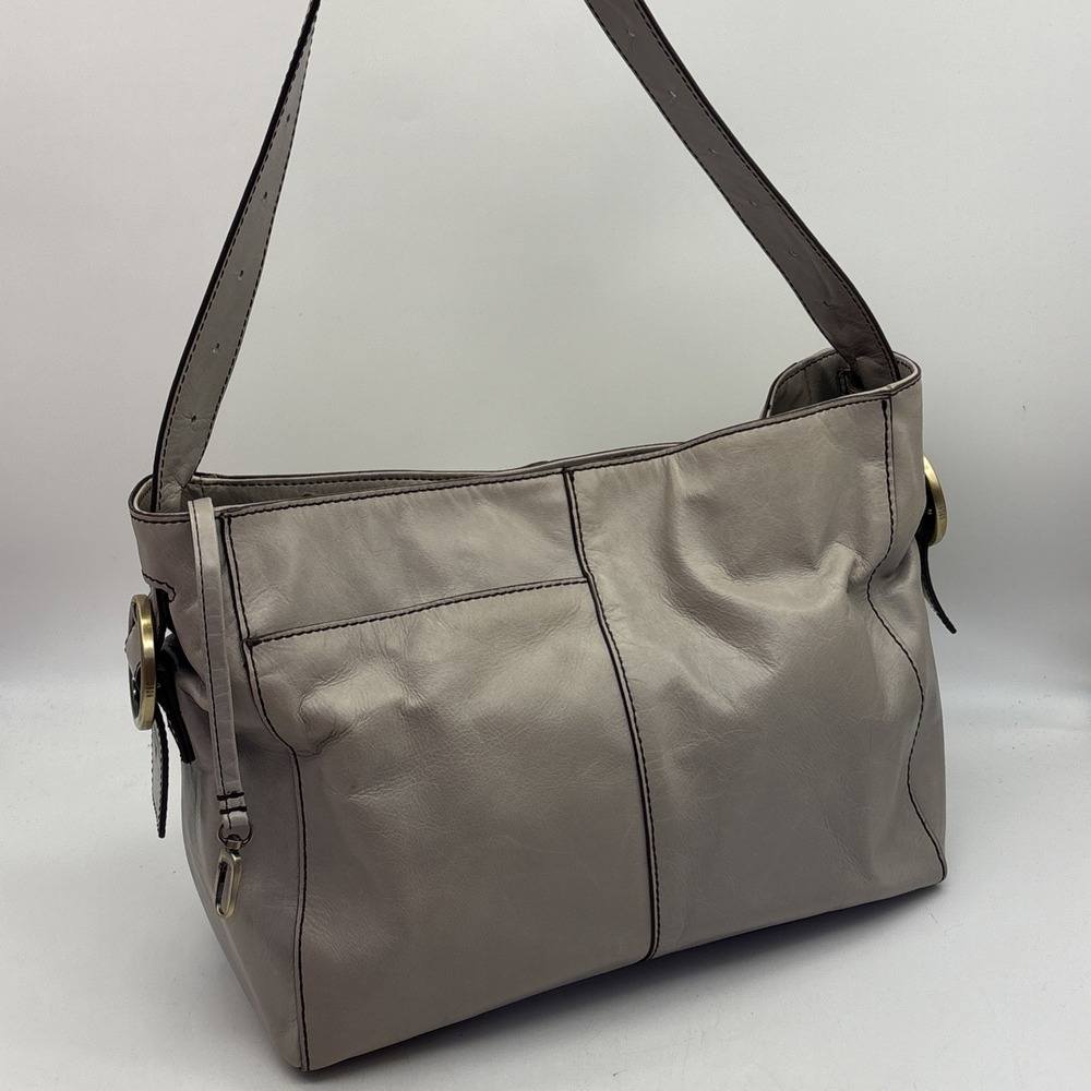 HOBO Int'l Render Shoulder Bag In Polished Leather Light Gray EUC